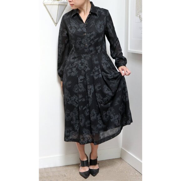 80s Black & Grey Floral Polka Dot Satin Dress w/ Long Sleeves, Stretch Waist - Picture 2 of 10